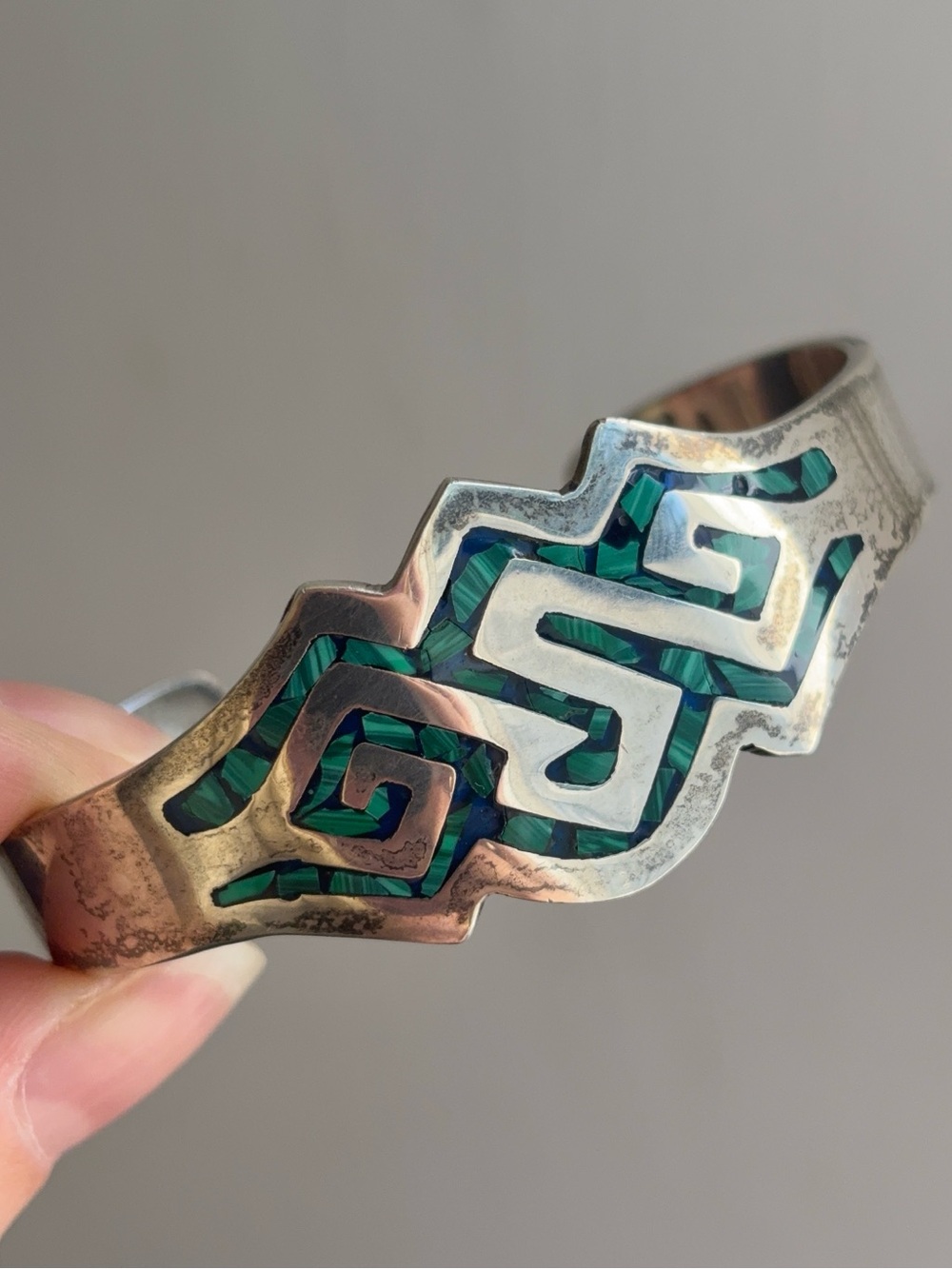 Vintage Taxco Mexico Sterling Silver Malachite Inlay Cuff Bracelet TJ-67 29.6g